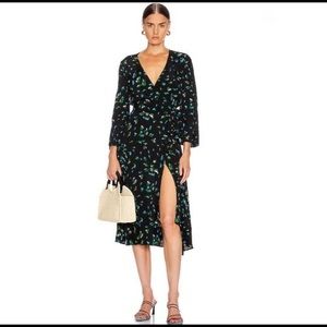 GANNI Black Green Blue Floral-print Midi Wrap Dress T38-Medium